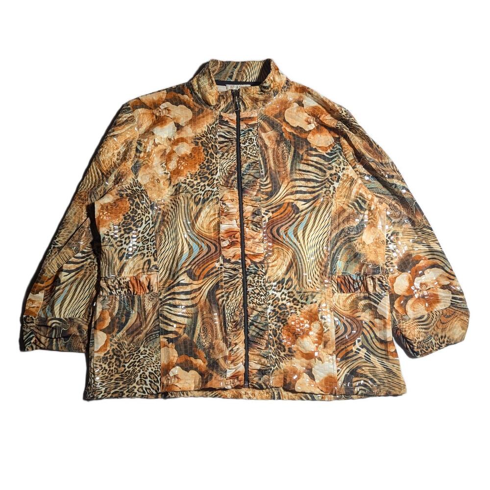 Vtg Y2K Erin London Beige Abstract Animal Print Clear Sequin Zip Up Jacket P XL